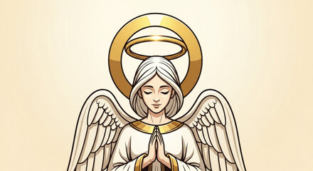 Beautiful cartoon illustration of a serene angel with white wings and a golden halo praying with closed eyes against a light background
