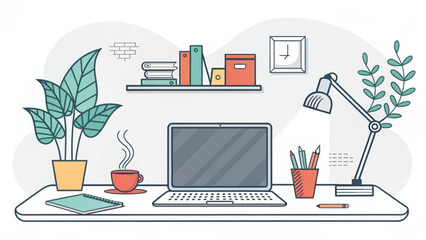 Modern workspace illustration with laptop, coffee, and plant, perfect for blog posts, presentations, and creative projects to inspire productivity and success