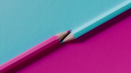 abstract 3d render of rolling and color changing blue and pink pencils, 4k loop