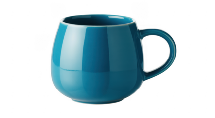 Round blue ceramic mug with handle isolated on a transparent background