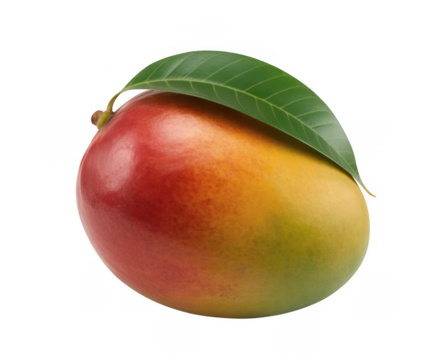 Ripe mango fruit with green leaf isolated on a transparent background
