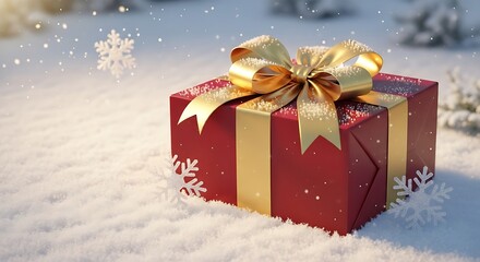 Festive Gift Box with Elegant Gold Ribbon and Bow Resting on Snow-Covered Ground during Winter Celebrations