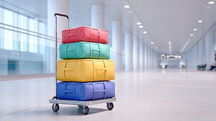 Colorful bags stacked on luggage cart in modern airport terminal with empty spacious hallway and bright lighting atmosphere