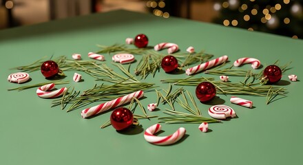 Festive Holiday Arrangement with Candy Canes, Red Ornaments, and Pine Sprigs on Green Surface for Christmas Decor or Seasonal Celebrations