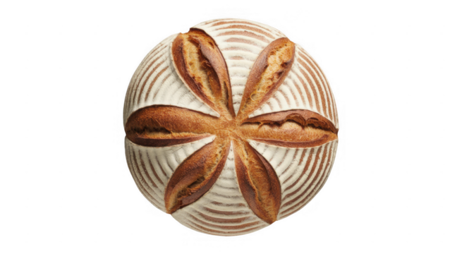 Round sourdough bread with six petal-like cuts and white flour dusting isolated on a transparent background - Powered by Adobe