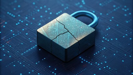 Cracked Padlock on Digital Circuit Background Illustrating Security Issues