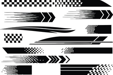 Set of black and white racing stripes graphics for vehicle decoration and customization