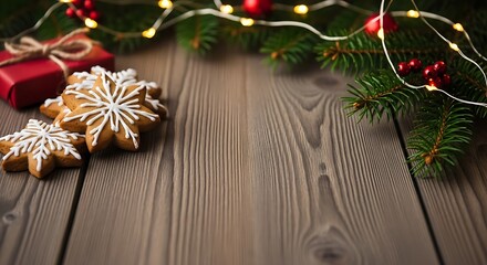 Festive Holiday Decorations with Gingerbread Cookies and Pine Branches on Wooden Surface