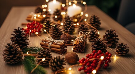 Festive Holiday Decorations with Pine Cones, Cinnamon Sticks, Red Berries, and Warm Candlelight for Cozy Christmas Celebrations