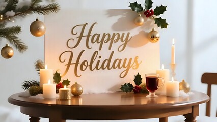 Happy Holidays Text Surrounded by Candles, Ornaments and Winter Greenery, Cozy Elegant Festive Theme