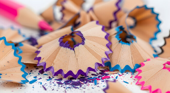 Macro close-up of colorful wooden pencil shavings on white background symbolizing creativity and education