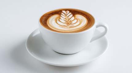 Artistic latte coffee with elegant foam design in a white ceramic cup