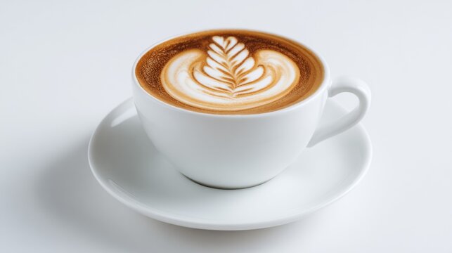 Artistic latte coffee with elegant foam design in a white ceramic cup - Powered by Adobe