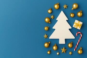 Minimalist Christmas Composition with White Tree, Gold Ornaments, and Candy Cane on Blue Background