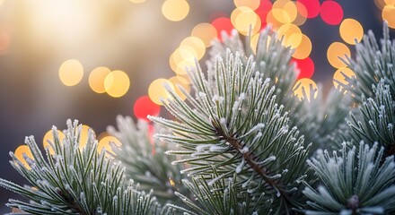 Frosted Pine Branches with Glowing Holiday Lights in the Background for Festive Winter Decorations