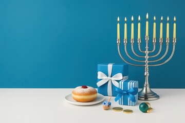 Jewish Hanukkah Celebration Setup with Silver Menorah, Lit Candles, Sufganiyah, Gifts, and Gelt