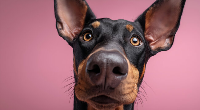 A close-up shot of a curious Doberman dog with expressive eyes against a pink backdrop, showcasing its unique features.