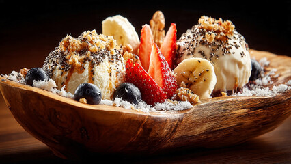 Vanilla ice cream, fresh strawberry slices, banana slices, blueberries, and crunchy granola.