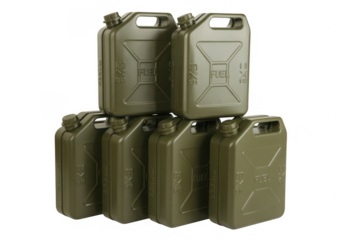 Stack of Olive Green Fuel Jerry Cans isolated on a transparent background