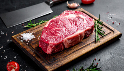 Raw Ribeye Steak on Wooden Board with Rosemary, Salt and Garlic beef meat