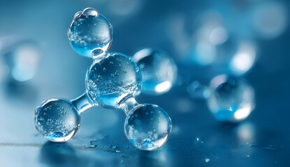 Close-up of water molecules in crystal-clear detail, showcasing their structure with a blue background, ideal for scientific applications.