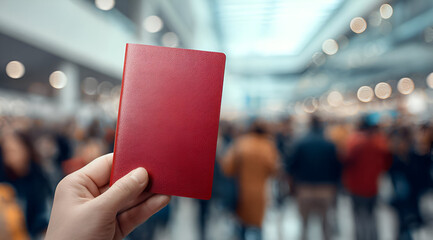 A hand holding a red passport in a busy airport terminal, symbolizing adventure and the excitement of travel.