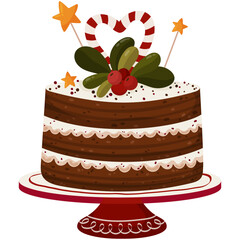 Christmas Layer Cake with Berries and Candy Cane. Festive Holiday Dessert Illustration