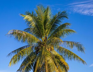 Coconut Palm Tree Against Blue Sky Background