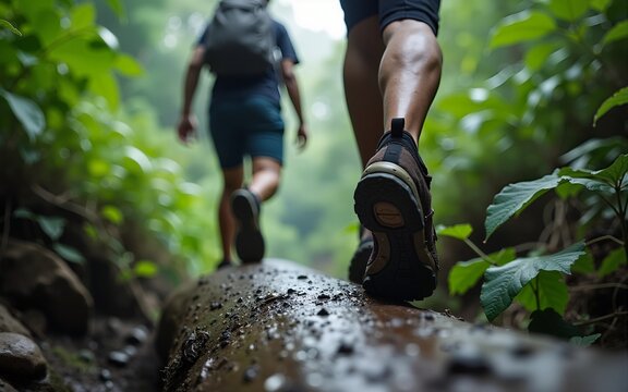 Jungle Challenge: In a low angle shot, an Asian couple attempts to climb over a log in a raining jungle, with the focus on their trekking shoes in this adventurous and challenging trek. High quality