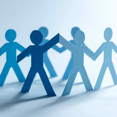 Blue paper cutouts of people holding hands, symbolizing teamwork, collaboration, and unity in the workplace and community.