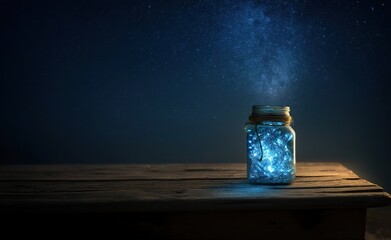 A mystical glowing blue jar with fairy lights inside, placed on an old wooden table under a starry night sky, creating a magical and serene atmosphere for fantasy storytelling or relaxation themes.