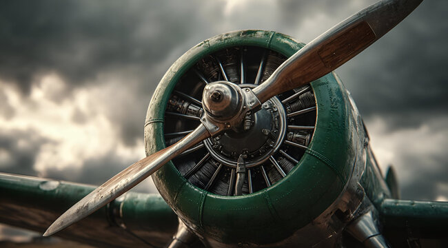 Close-up of an aircraft propeller against a dramatic sky, showcasing vintage engineering and aviation history in stunning detail.