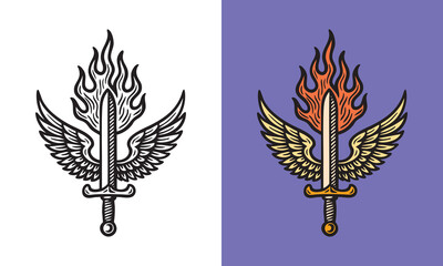 Obraz premium Flaming sword with angel wings, bold line art style, powerful fantasy emblem illustration.