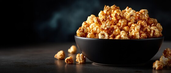 Caramel popcorn in dark bowl close up