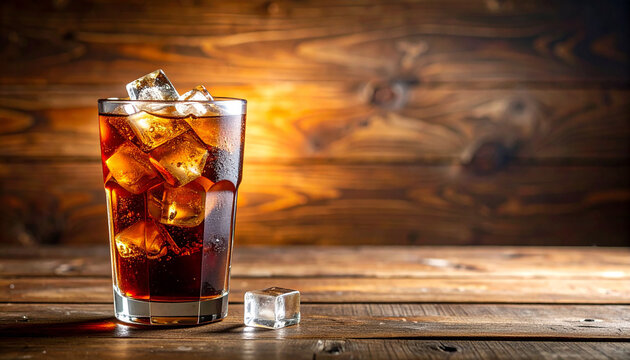 Refreshing Glass of Cola with Ice Cubes on a Wooden Surface soda drink