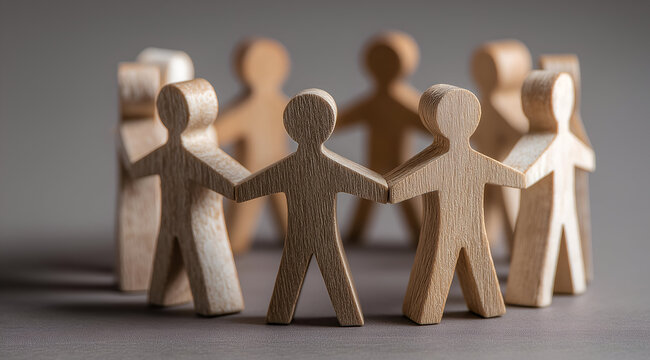 Wooden figures representing unity and community come together, symbolizing connection and collaboration in social issues. - Powered by Adobe