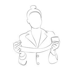 One continuous line drawing on white isolated background. Minimalism linear illustration. person, aeroplane, woman, hostess, crew, uniform, security, belt, plane, safety
