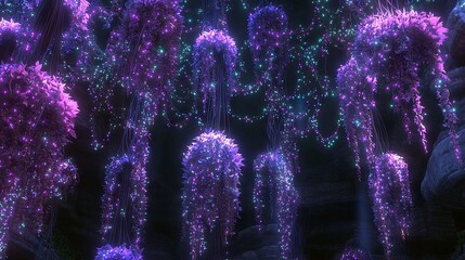 A close-up view of lush, hanging vines adorned with vibrant purple and teal fairy lights, creating a magical and ethereal atmosphere within a dimly lit cave.