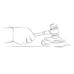 One continuous line drawing on white isolated background. Minimalism linear illustration. lawyer, judgement, gavel, judge, justice, law, hammer, hand, legal, crime