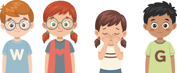 Set of Diverse School Children Portraits, Showing Different Emotions, Sad Crying Girl and Three Smiling Kids, Childhood and Emotional Development Vector Illustration
