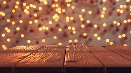 Rustic wooden surface with warm bokeh lights for product display background