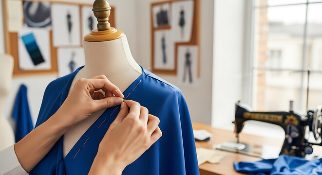 Fashion Designer Pinning Blue Fabric on Mannequin in Bright Studio Workshop