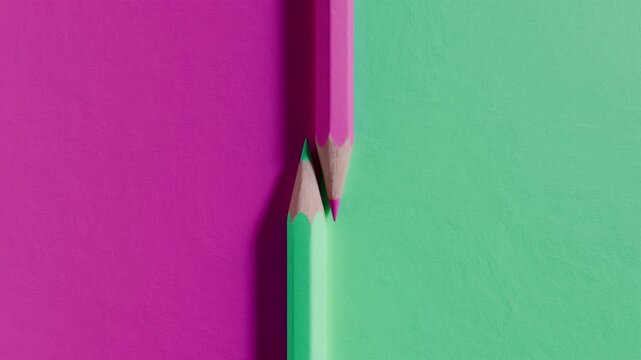 abstract 3d render of rolling and color changing pink and green pencils on painted surface, 4k loop