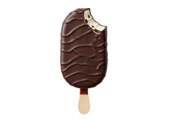 Chocolate covered ice cream bar with a bite taken isolated PNG, delicious dessert on transparent background for summer treat designs