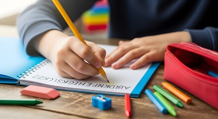  child’s hands writing alphabet in notebook