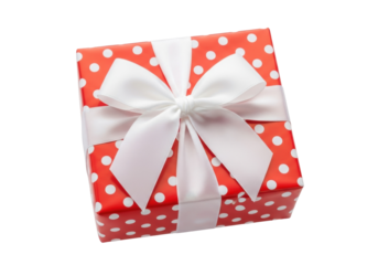 Red gift box with white polka dots and bow isolated PNG, present for Christmas birthday or other holiday on transparent background
