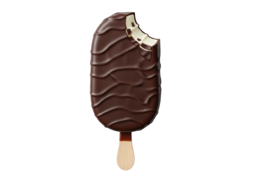 Chocolate covered ice cream bar with a bite taken isolated PNG, delicious dessert on transparent background for summer treat designs