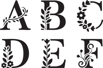 Black Monogram Letters A B C D E F Decorated With Floral Vines and Flowers vector