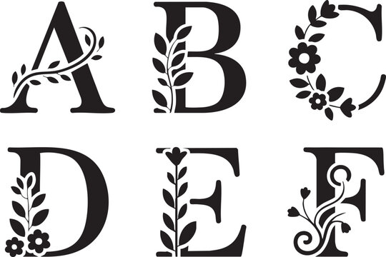 Black Monogram Letters A B C D E F Decorated With Floral Vines and Flowers vector
