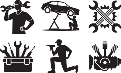 Black silhouette icons of car mechanic tools and engine parts wrench